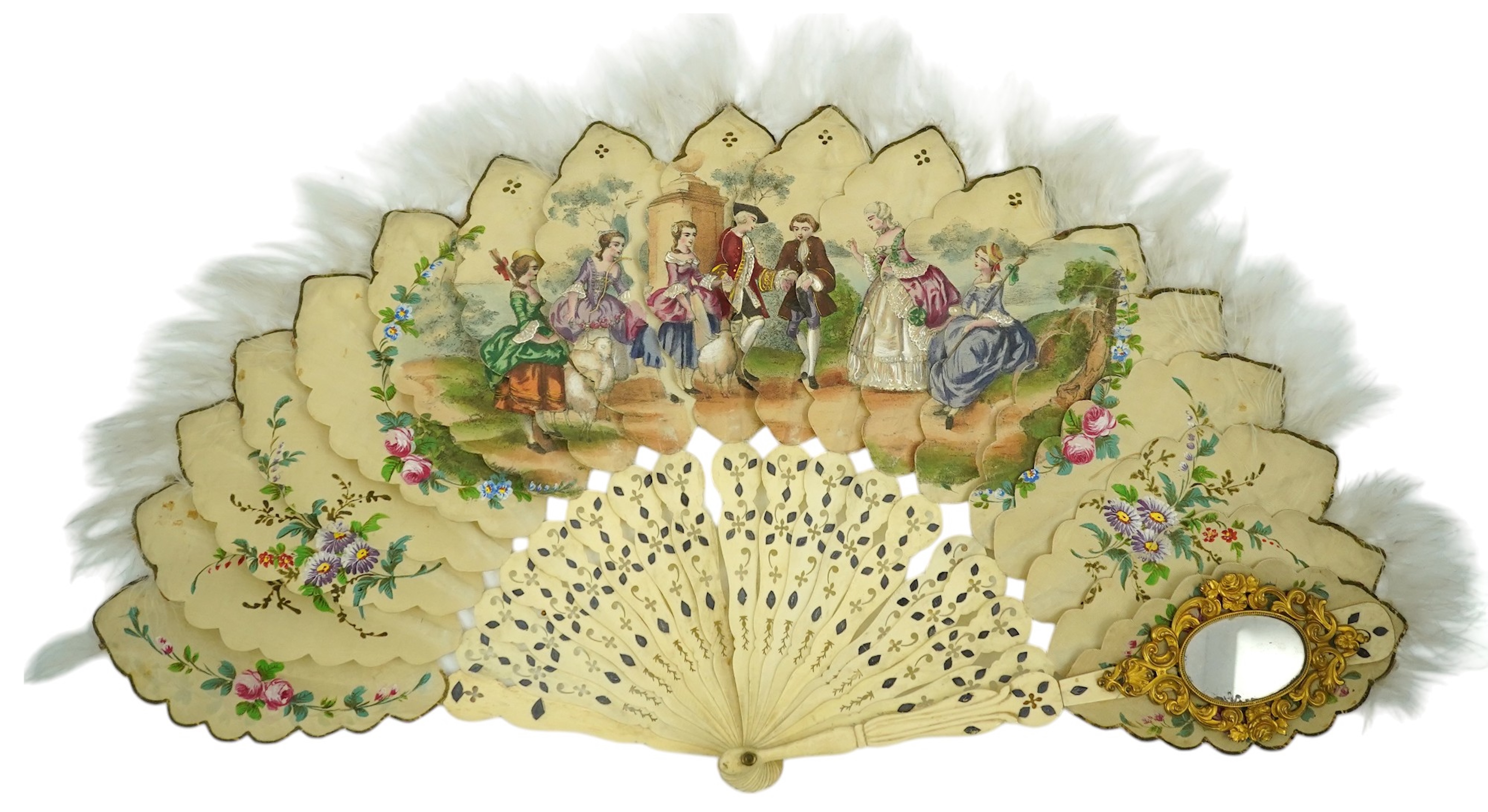 Three French fans: a mother of pearl and sequin fan boxed, a painted silk, feather and bone fan and a gilt decorated bone figural paper fan, the two bone fans having gilt mirrored mounts on the guards, figural paper fan